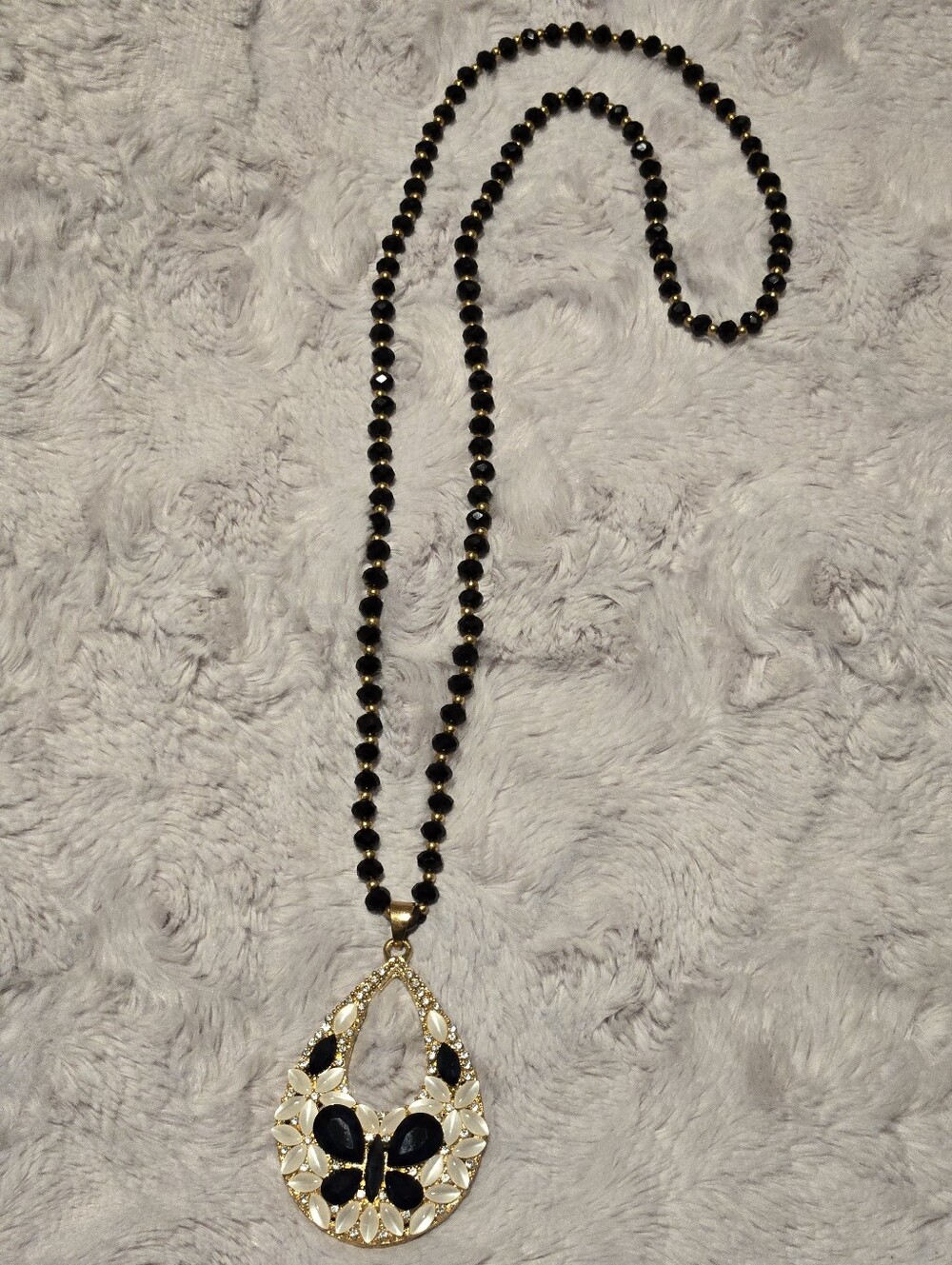 Navy And Gold Accent Teardrop Pendant Necklace with Navy Beaded Chain